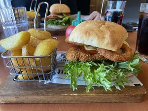 ‘Chicken’ burger and wedges   at The Crafty Moa  in Arthurs Pass