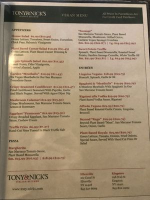 Current vegan menu   at Tony & Nick's in Kingston