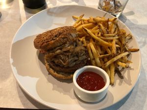 Beyond burger with blistered cherry tomato jam, salsa verde, and balsamic braised onions at Tony & Nick's in Kingston