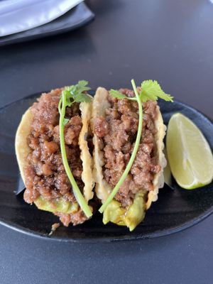 Comically small Impossible Tacos  at JINYA Ramen Bar in Denver