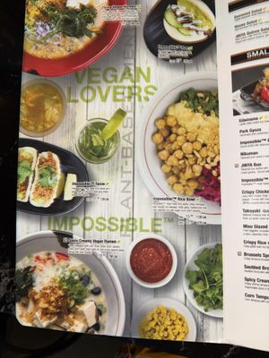 The dedicated vegan menu  at JINYA Ramen Bar in Denver