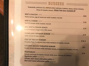 Burger menu showing a veggie pattie as well as a plant based beef pattie and a plant based chicken pattie - I'm not used to getting so much choice :-) at The Ranch Bar & Grill in Te Anau