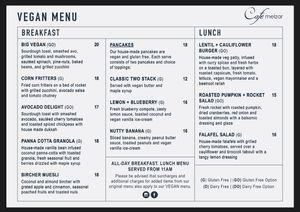 Seperate vegan menu at Cafe Melzar in Mount Gambier