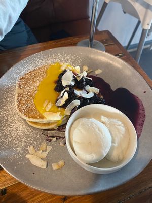 Vegan blueberry and lemon pancakes with soy ice cream at Cafe Melzar in Mount Gambier