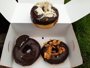 Vegan chocolate donuts: cotton candy, peanut (butter), and (filled) Oreo at Royal Donuts  in Mannheim
