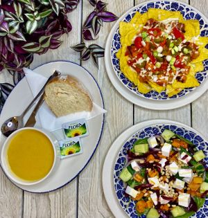 Home made Vegan soup, vegan chilli nachos & butternut squash and vegan feta salad at French & Byrne in Stafford
