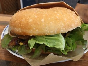 Teriyaki donut burger at Hatena in Tokyo