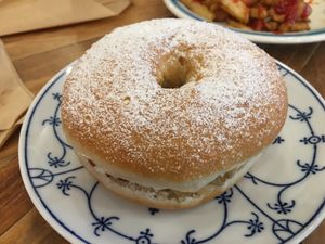 Sweet donut burger with black cherry jelly and cream at Hatena in Tokyo