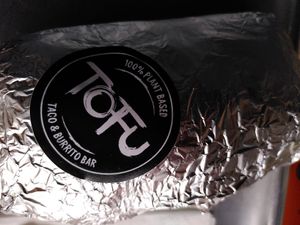 Outside of my tofu burrito at El Rayo Vegan Cantina in York