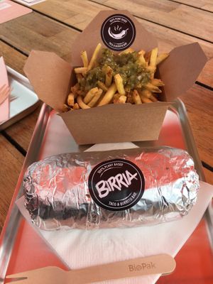 Mushroom burrito and tomatillo fries 🍟  at El Rayo Vegan Cantina in York