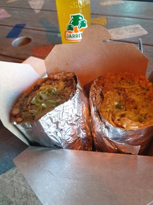 half a tofu burrito and half a mushroom burrito at El Rayo Vegan Cantina in York