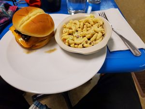 Macaroni salad and mushroom Swiss burger at Earth Based Cafe in Martinsburg