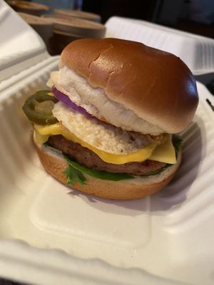 Spicy nacho burger with beyond patty  at Earth Based Cafe in Martinsburg
