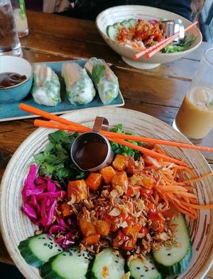 Twice fried tofu noodle salad, summer rolls and coconut iced latte at Nam Song in Sheffield