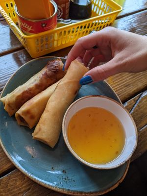 Vegan mushroom and ginger spring rolls with plum sauce at Nam Song in Sheffield
