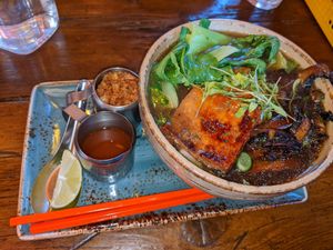 Vegan pho (no noodles) with tofu, pak choi, mushrooms & crispy shallots at Nam Song in Sheffield