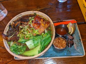 Vegan pho with tofu, pak choi, mushrooms and crispy shallots at Nam Song in Sheffield