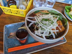 Vegan pho with tofu, mushrooms and pak choi at Nam Song in Sheffield