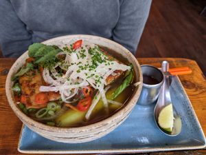 Vegan pho with tofu and pak choi with chillis at Nam Song in Sheffield