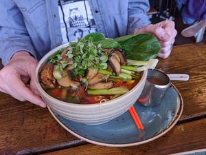 Vegan pho with portobello mushrooms and pak choi at Nam Song in Sheffield