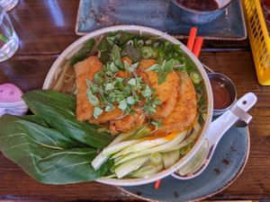 Vegan pho with coconut-curry tofu and pak choi at Nam Song in Sheffield