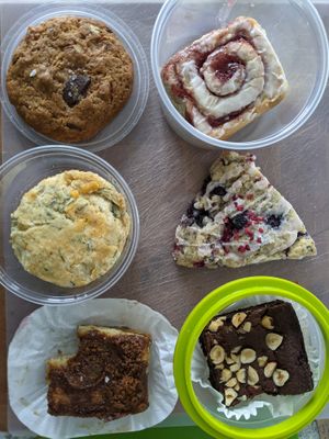 My selection of takeaways from Flourchild at the Farmers' Market (March 2021) at Flourchild Vegan Baking  in Courtenay