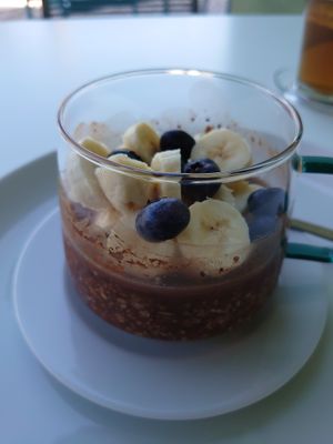 Oats made with rice milk and cocoa, banana and blueberries at Hotel Seventh in Cavtat