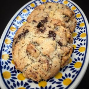 Vegan tahini, valrhona 66% chocolate, walnuts & dried apricot cookies. at Salam in Tokyo