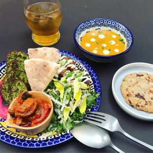 Vegan lunch set! Mint tea, mezze plate featuring: edamame falafel, beetroot hummus, matbucha, seasonal salad, spiced potatoes, pita bread plus your choice of soup OR dessert ¥2200 at Salam in Tokyo