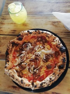 best vegan pizza in Lisbon. super light dough and many choice. this is is a jaka fruit pizza at Plant Base in Lisbon