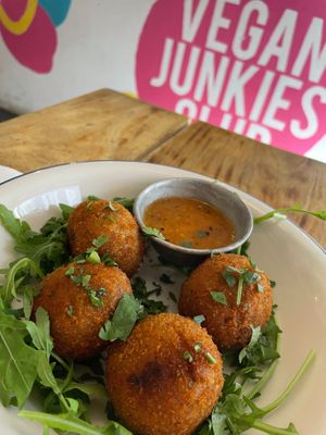 Spicy banana and “cheese” croquettes from Baked (zero waste concept, ask them about it or read it on the menu)  at Plant Base in Lisbon