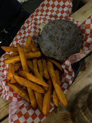 Black Bun Burger with sweet potato fries at Plant Base in Lisbon