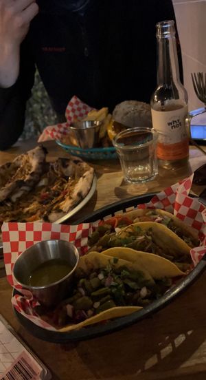Burger, tacos de nopales, banana chutney  at Plant Base in Lisbon