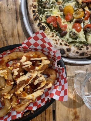 Spicy sauce on onions rings! Yum!  at Plant Base in Lisbon