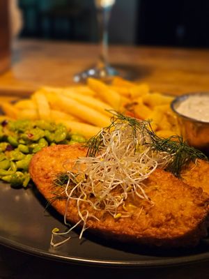 Vegan fish and chips with peas. Very delicious! 😊 at Plant Base in Lisbon