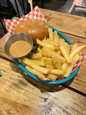 classic burger with friess  at Plant Base in Lisbon