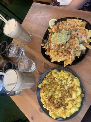 Mac and cheese, nachos, iced caramel latte   at Plant Base in Lisbon