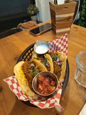 Chorizo Tacos (spicy and delicious) at Plant Base in Lisbon