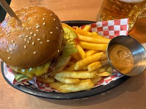 Classic Burger with lots of fries and chipotle aoli  at Plant Base in Lisbon