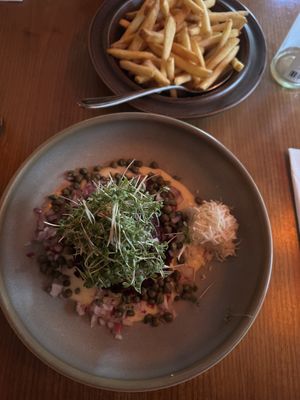 The vegan beetroot steak tartare and pommes frites   at Metro in Malmo