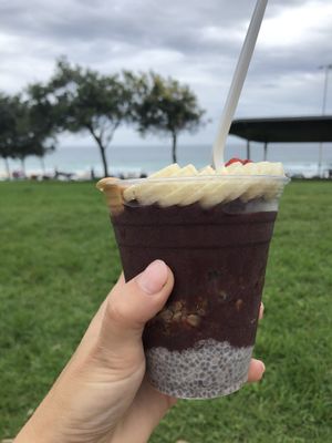 Açai with granola, chia pudding, peanut butter and fruit  at Oakberry in Bondi Beach