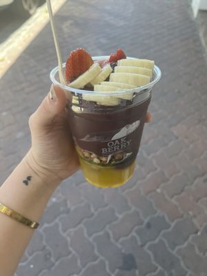 Mango purée, banana, strawberry, and vegan granola  at Oakberry in Bondi Beach