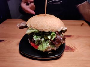 Beans burger with eggplant, mayo and more at Cat Bar in Barcelona