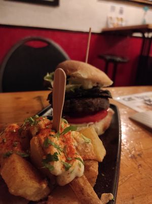 Black bean burger and bravas at Cat Bar in Barcelona