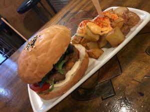 burger and potatoes at Cat Bar in Barcelona