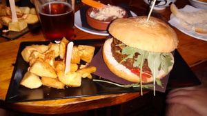 Burger and patatas at Cat Bar in Barcelona