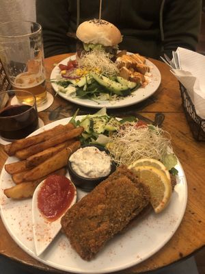 ‘Fish’ (front) and bean burger (back)  at Cat Bar in Barcelona