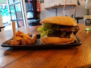 Cat Bar burger with amazing bravas at Cat Bar in Barcelona