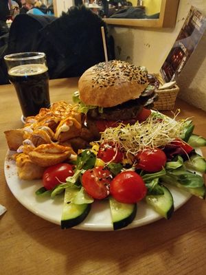 Bean burger with potatoes and salad yummmmy at Cat Bar in Barcelona