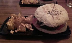 Burger and potatoes at Cat Bar in Barcelona
